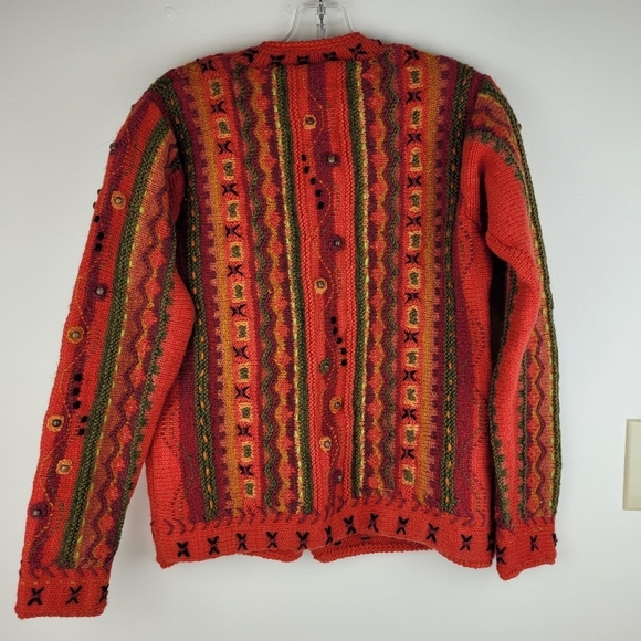 Newari hand knit red wool cardigan sweater Icelandic Design cozy artsy NWT S/M - Picture 4 of 11